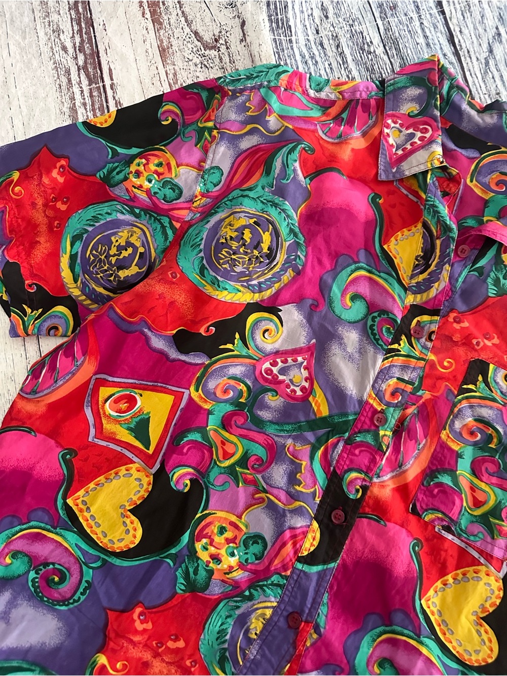 Vintage 100% Silk Pink and Purple Paisley Short Sleeve Silk Button Up Top - Picture 3 of 8